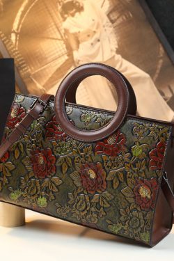 New Retro Brown Embossed Flower Durable Faux Leather Tote Handbag