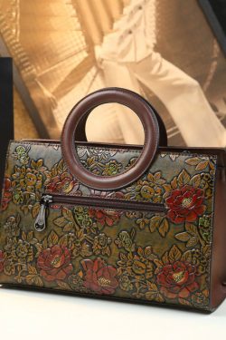 New Retro Brown Embossed Flower Durable Faux Leather Tote Handbag