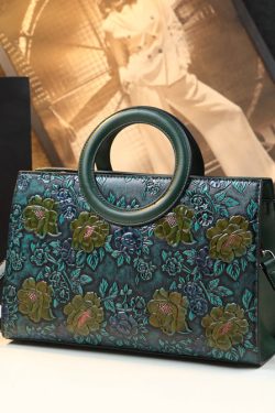 New Retro Brown Embossed Flower Durable Faux Leather Tote Handbag