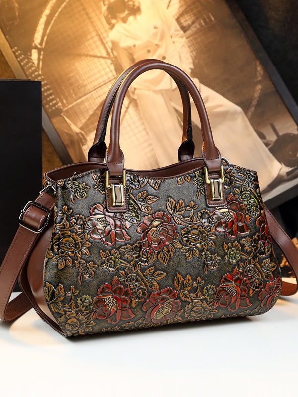 New Retro Brown Embossed Solid Durable Women Handbags
