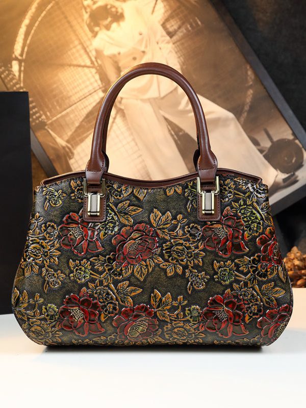 New Retro Brown Embossed Solid Durable Women Handbags