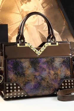 New Retro Brown Jacquard Zircon Faux Leather Tote Handbag