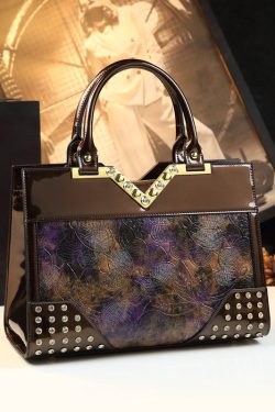 New Retro Brown Jacquard Zircon Faux Leather Tote Handbag