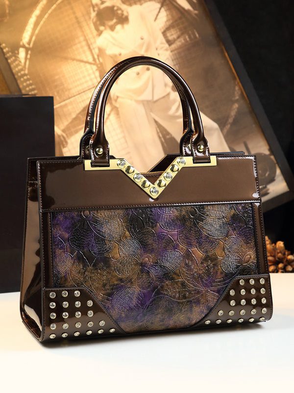 New Retro Brown Jacquard Zircon Faux Leather Tote Handbag