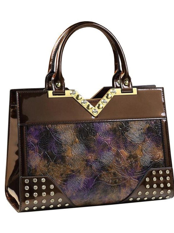 New Retro Brown Jacquard Zircon Faux Leather Tote Handbag