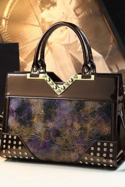 New Retro Brown Jacquard Zircon Faux Leather Tote Handbag