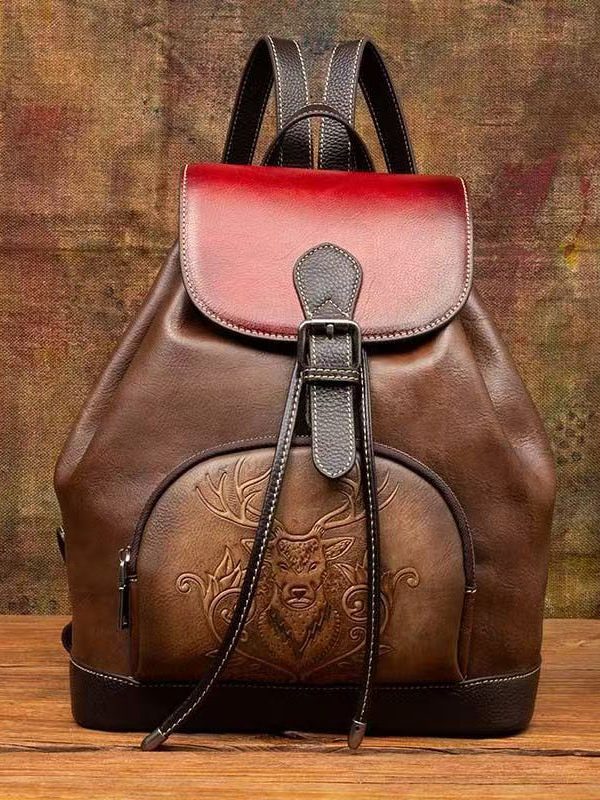 New Retro Brown Large Capacity Calf Leather Backpack Bag