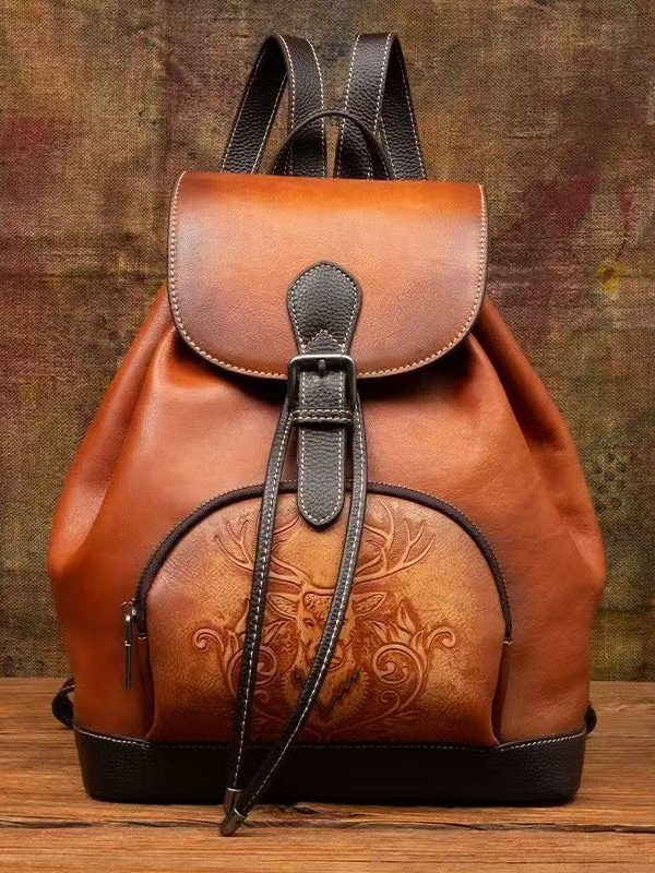 New Retro Brown Large Capacity Calf Leather Backpack Bag
