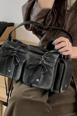 New Retro Brown Pockets Bow Faux Leather Satchel Handbag