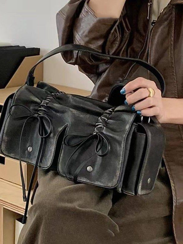 New Retro Brown Pockets Bow Faux Leather Satchel Handbag