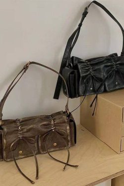 New Retro Brown Pockets Bow Faux Leather Satchel Handbag