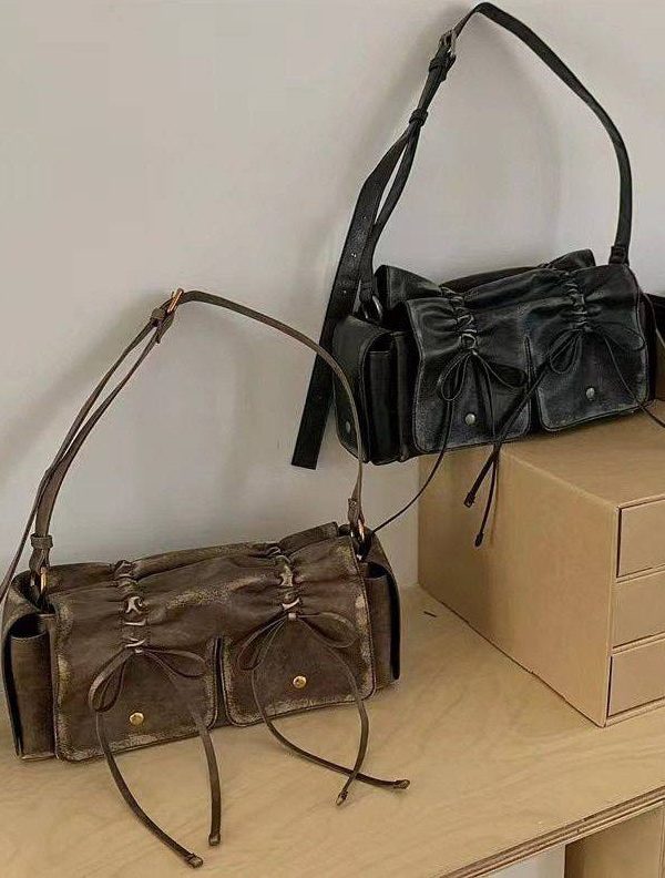 New Retro Brown Pockets Bow Faux Leather Satchel Handbag