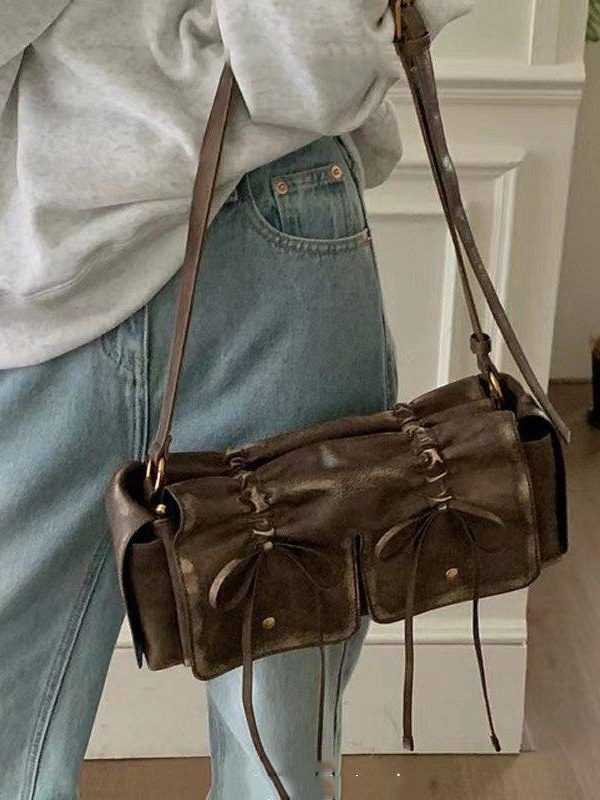 New Retro Brown Pockets Bow Faux Leather Satchel Handbag