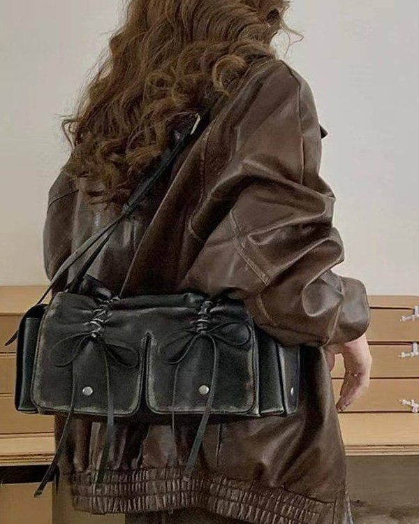 New Retro Brown Pockets Bow Faux Leather Satchel Handbag