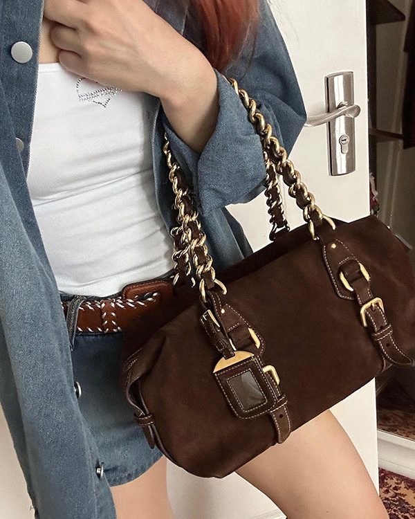 New Retro Brown Solid Durable Fine Suede Women Handbags