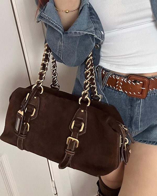 New Retro Brown Solid Durable Fine Suede Women Handbags