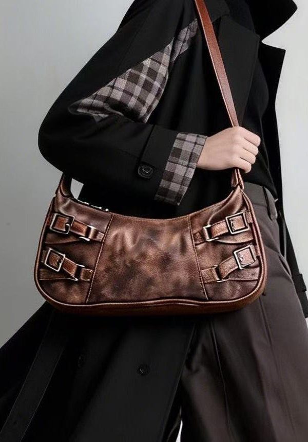 New Retro Brown Tie Dye Side Pockets Faux Leather Shoulder Handbag