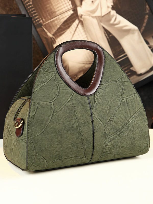 New Retro Green Solid Durable Faux Leather Tote Handbag