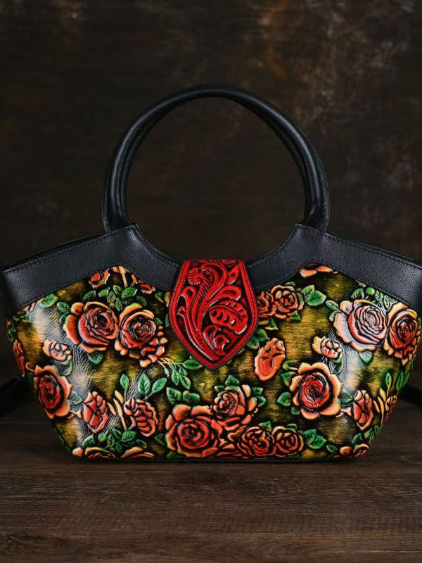 New Retro Red Embossed Calf Leather Tote Handbag