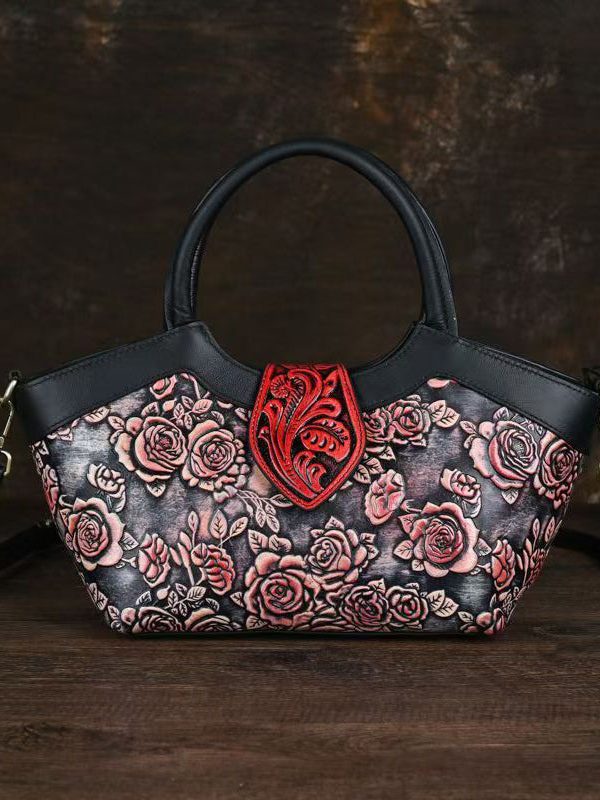 New Retro Red Embossed Calf Leather Tote Handbag