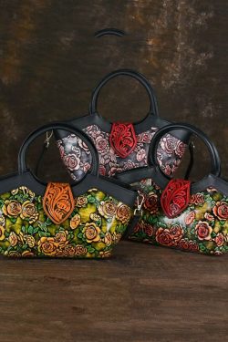 New Retro Red Embossed Calf Leather Tote Handbag