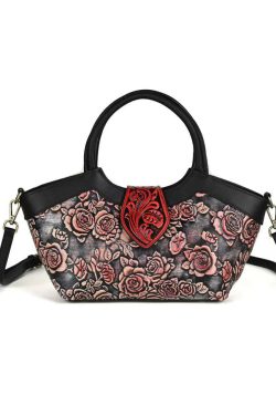 New Retro Red Embossed Calf Leather Tote Handbag