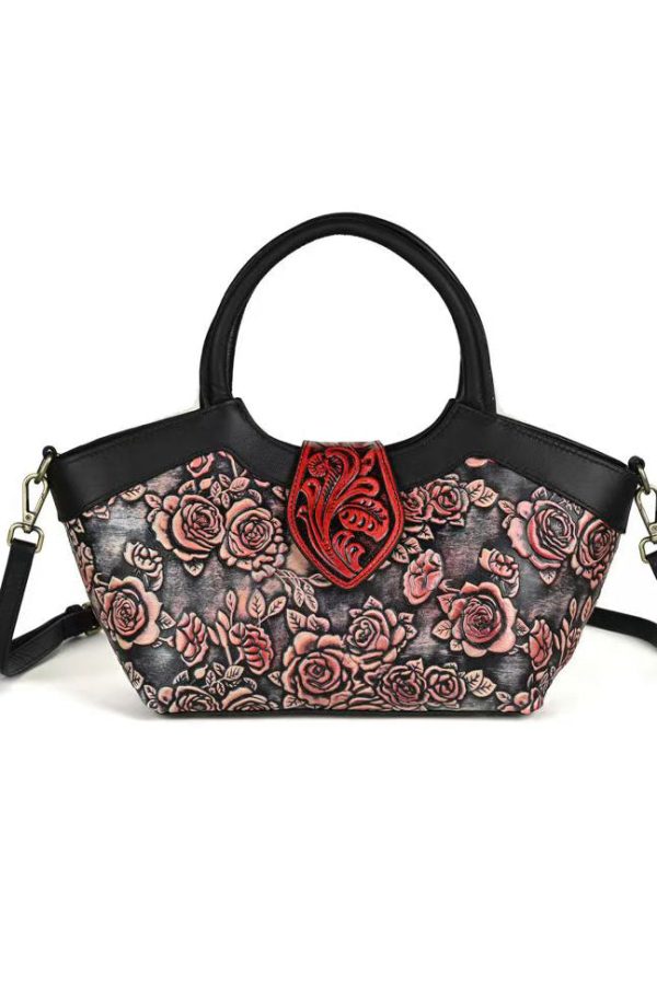 New Retro Red Embossed Calf Leather Tote Handbag