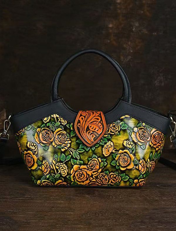 New Retro Red Embossed Calf Leather Tote Handbag