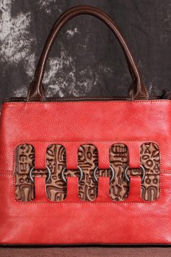 New Retro Red Embossed Patchwork Calf Leather Tote Handbag
