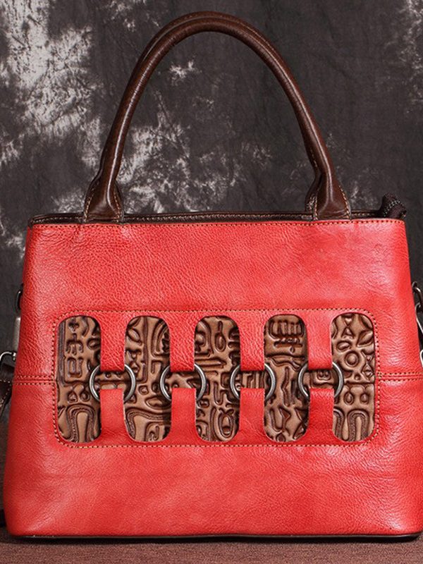 New Retro Red Embossed Patchwork Calf Leather Tote Handbag