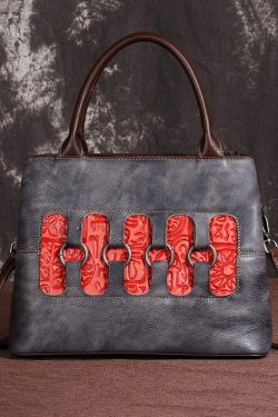 New Retro Red Embossed Patchwork Calf Leather Tote Handbag