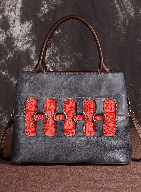 New Retro Red Embossed Patchwork Calf Leather Tote Handbag