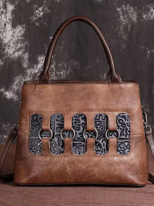 New Retro Red Embossed Patchwork Calf Leather Tote Handbag