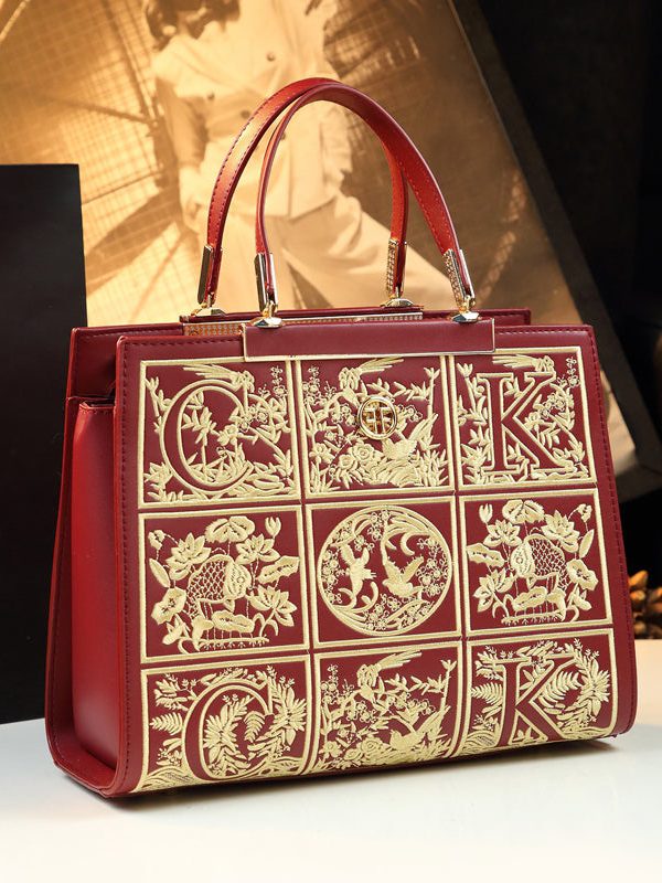 New Retro Red Embroideried Calf Leather Tote Handbag