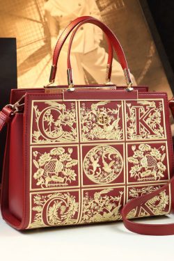 New Retro Red Embroideried Calf Leather Tote Handbag
