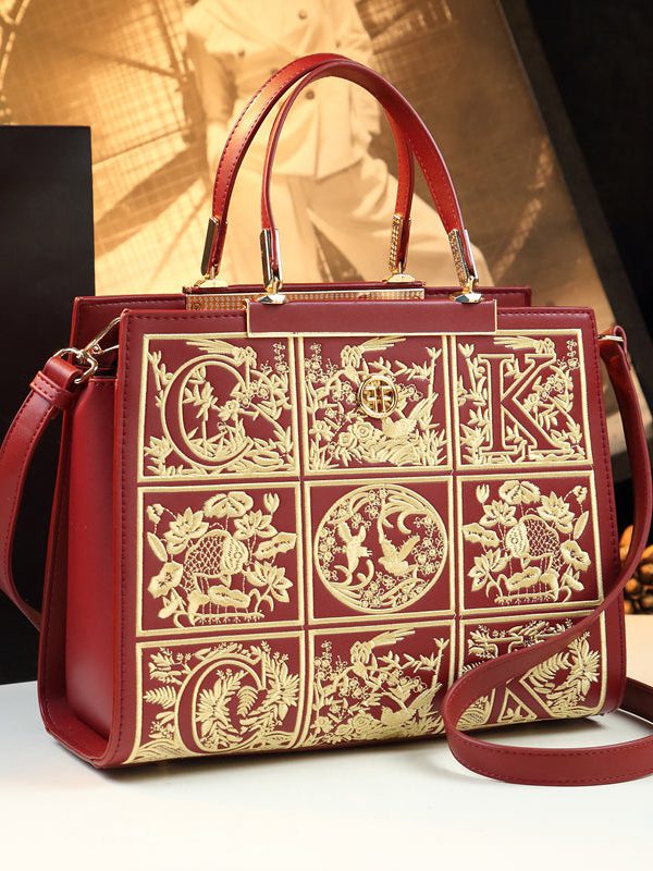 New Retro Red Embroideried Calf Leather Tote Handbag