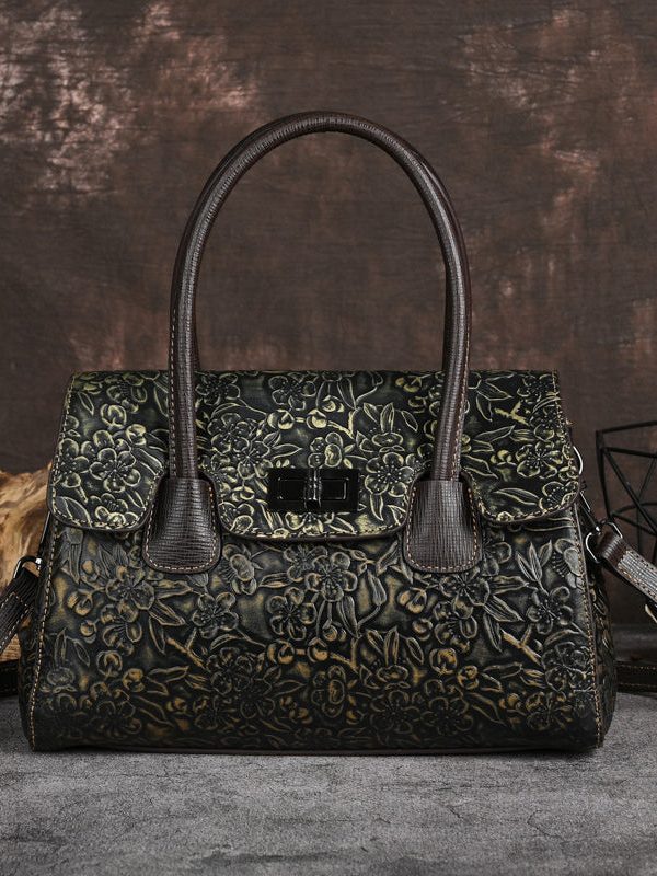 New Retro Silver Embossed Calf Leather Tote Handbag