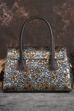 New Retro Silver Embossed Calf Leather Tote Handbag