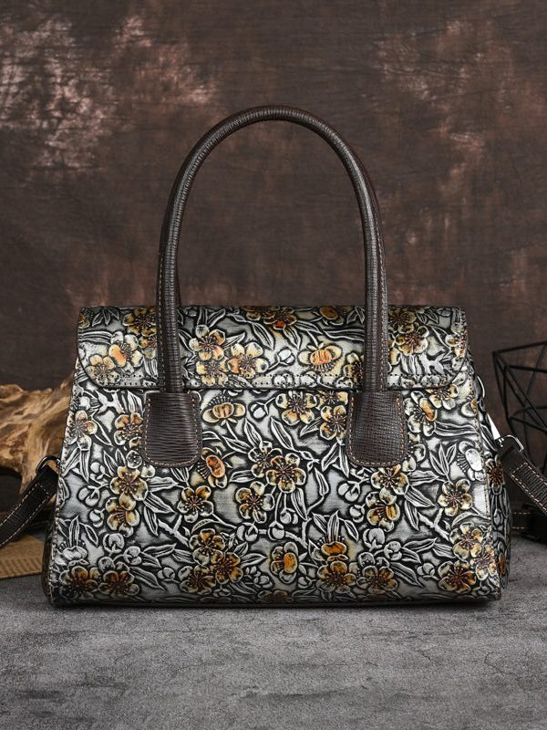 New Retro Silver Embossed Calf Leather Tote Handbag