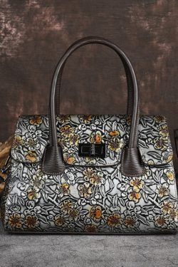 New Retro Silver Embossed Calf Leather Tote Handbag