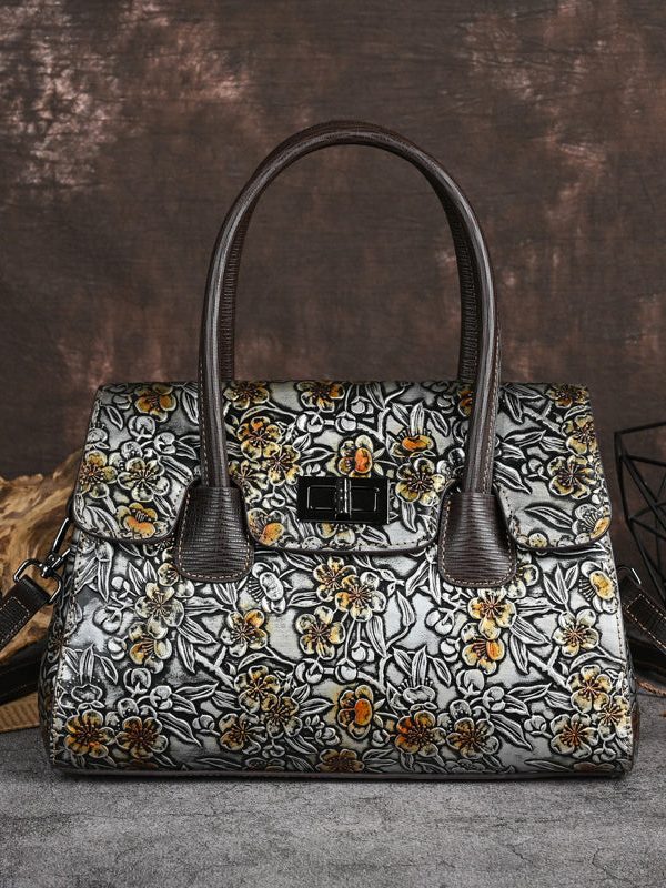 New Retro Silver Embossed Calf Leather Tote Handbag