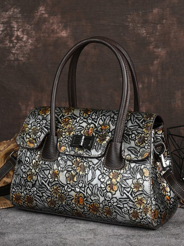 New Retro Silver Embossed Calf Leather Tote Handbag