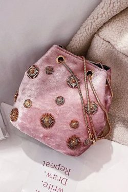 New Women Pink Rivet Decorated Velvet Bucket Bag
