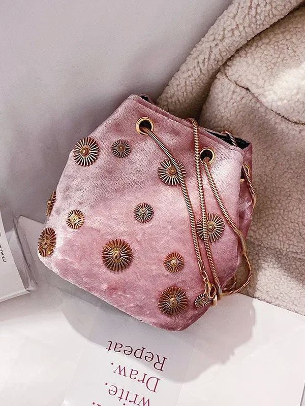 New Women Pink Rivet Decorated Velvet Bucket Bag