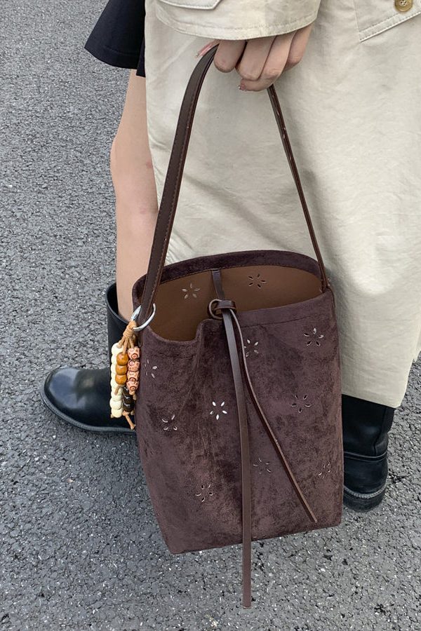 New Yellow Hollow Out Large Capacity Faux Suede Bucket Bag