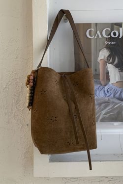 New Yellow Hollow Out Large Capacity Faux Suede Bucket Bag