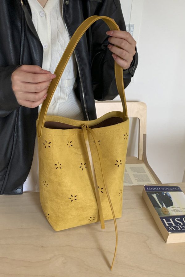 New Yellow Hollow Out Large Capacity Faux Suede Bucket Bag