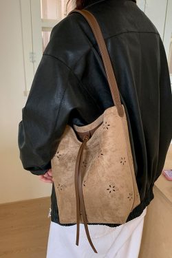 New Yellow Hollow Out Large Capacity Faux Suede Bucket Bag