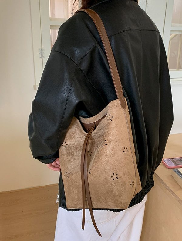 New Yellow Hollow Out Large Capacity Faux Suede Bucket Bag