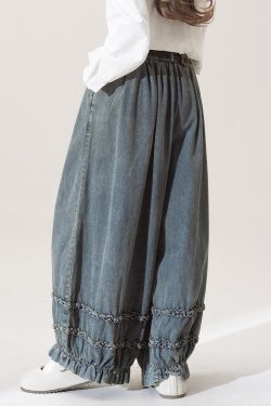 Nostalgic Blue Patchwork Elastic Waist Wide Leg Jeans